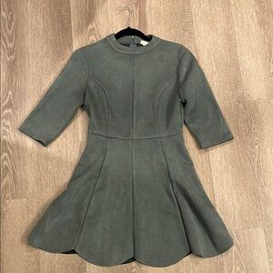 Sage Green Fit and Flare Dress with 3/4 Sleeves and Mock Neck for Casual Work